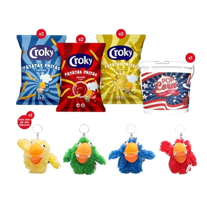Croky Fritas partybox - chips assortiment, zoete popcorn en gratis sleutelhanger - 850g