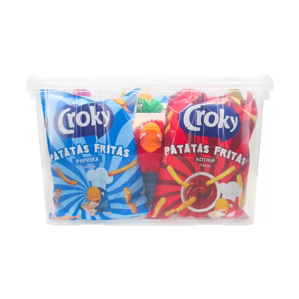 Croky Fritas partybox - chips assortiment, zoete popcorn en gratis sleutelhanger - 850g
